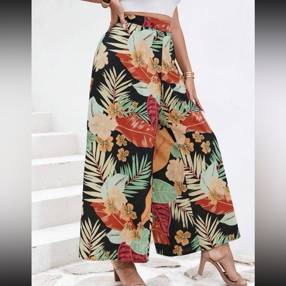 Boho floral leaves tropical print wide leg palazzo pants - Picture 11 of 12
